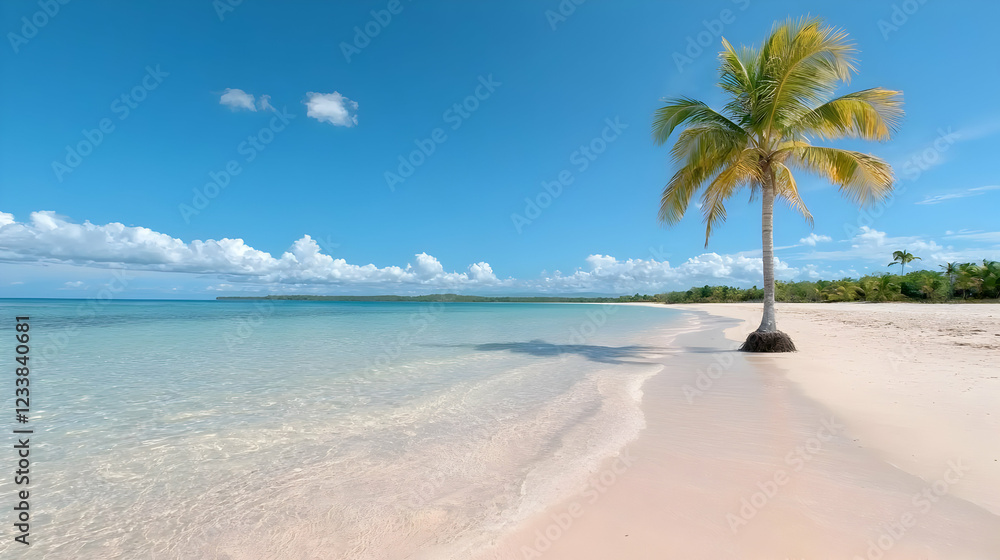 Naklejka premium Lone palm tree on pristine beach, turquoise water, sunny sky; travel brochure