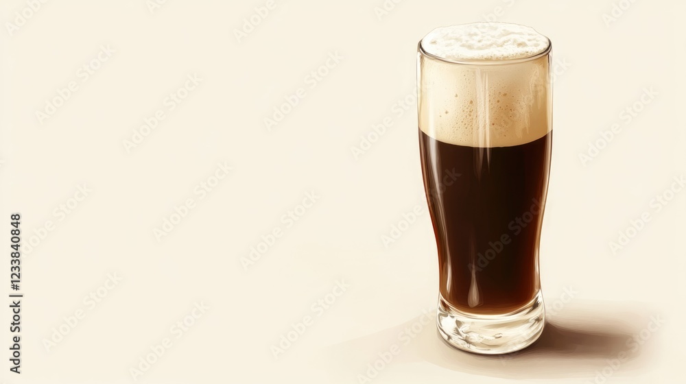 Tall glass of dark cold beer topped with creamy foam on a neutral background ideal for text placement and promotional use Tall glass of dark cold beer topped with creamy foam on a neutral background ideal for text placement and promotional use