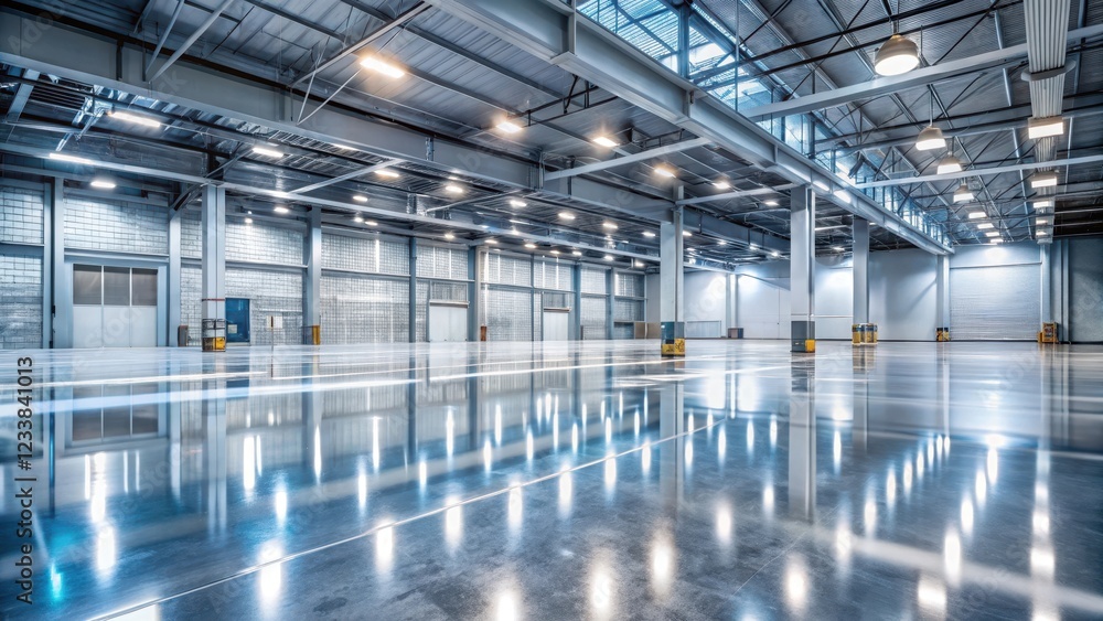 High polished concrete floor with industrial lighting, metallic accents High polished concrete floor with industrial lighting, metallic accents