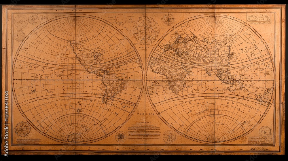 Fototapeta premium Vintage world map illustration with geographical details, navigation lines, and labels