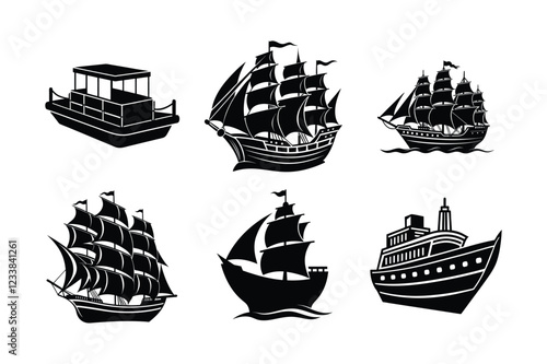 Vintage pirate ships and old sailing vessels, black and white nautical illustration collection