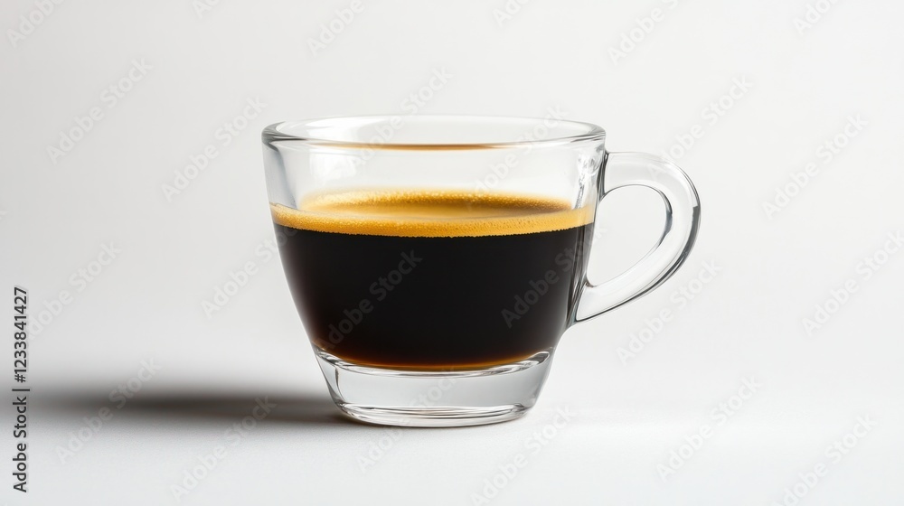 A single shot of espresso in a glass cup, presented against a pure white background A single shot of espresso in a glass cup, presented against a pure white background