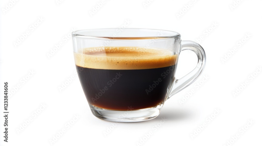 A small and stylish glass cup filled with aromatic espresso, isolated on white A small and stylish glass cup filled with aromatic espresso, isolated on white