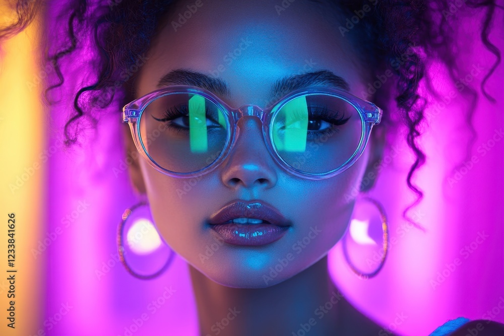 Stylish woman with curly hair showcases trendy glasses against vibrant neon background