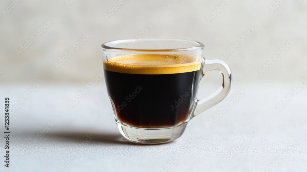 A small glass cup of espresso with golden crema, standing alone on a white surface A small glass cup of espresso with golden crema, standing alone on a white surface