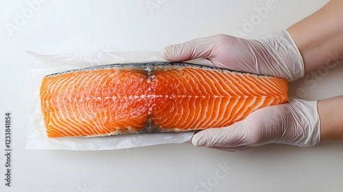 A person wearing gloves holds a fresh salmon fillet, showcasing its vibrant orange color and distinct marbling.