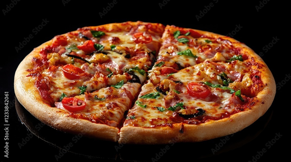 Pizza on a black background, gourmet presentation