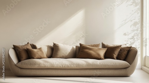 Elegant Beige Sofa with Brown Pillows in a Sunlit Room