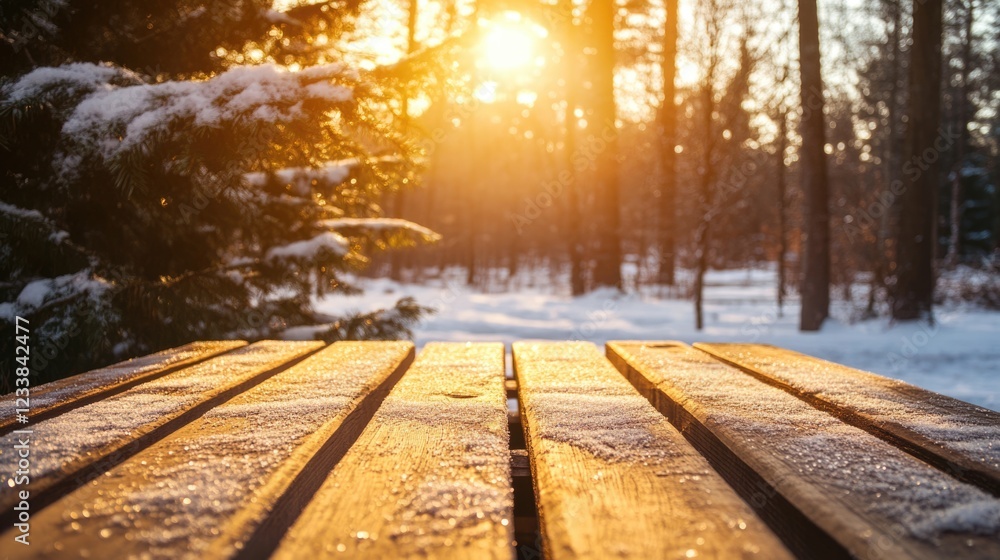 Fototapeta premium Winter Landscape with Snow-Covered Wooden Table in Outdoor Park at Sunrise Creating Space for Text for Holiday or Seasonal Themes