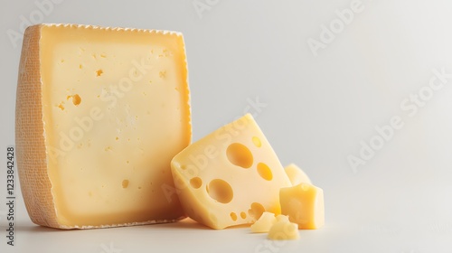 A wedge of yellow cheese, showcasing its texture and holes, is displayed alongside smaller cheese pieces against a neutral background.