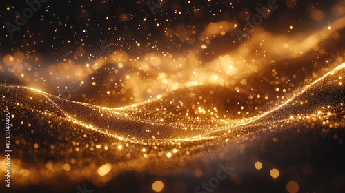 Golden particles flowing, dark background, bokeh, celebration