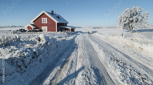 Wallpaper Mural Snowy road, red house, winter landscape, countryside scene, travel Torontodigital.ca