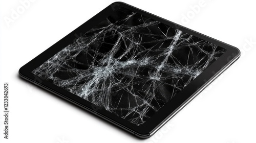 Tablet device with damaged cracked screen showcasing modern technology imperfection isolated on white background.