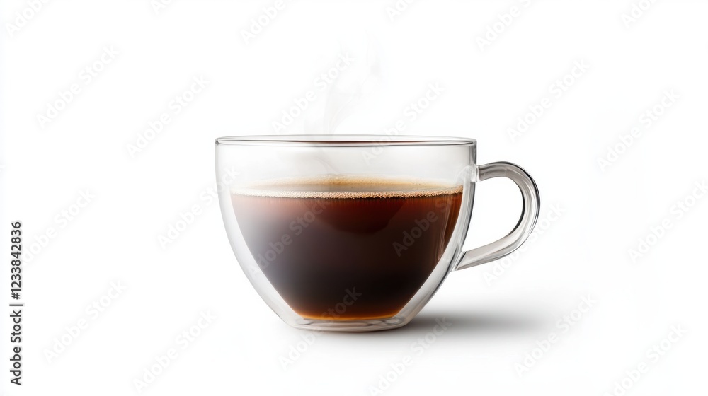 A steaming cup of freshly brewed coffee in a minimalist transparent glass cup, isolated on white A steaming cup of freshly brewed coffee in a minimalist transparent glass cup, isolated on white