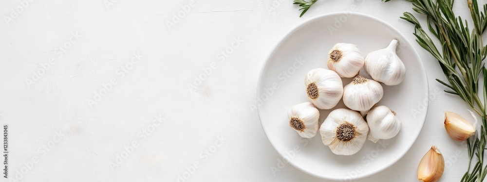 Garlic dish on a white plate with fresh herbs featuring empty space for text or culinary design elements in a clean kitchen setting Garlic dish on a white plate with fresh herbs featuring empty space for text or culinary design elements in a clean kitchen setting