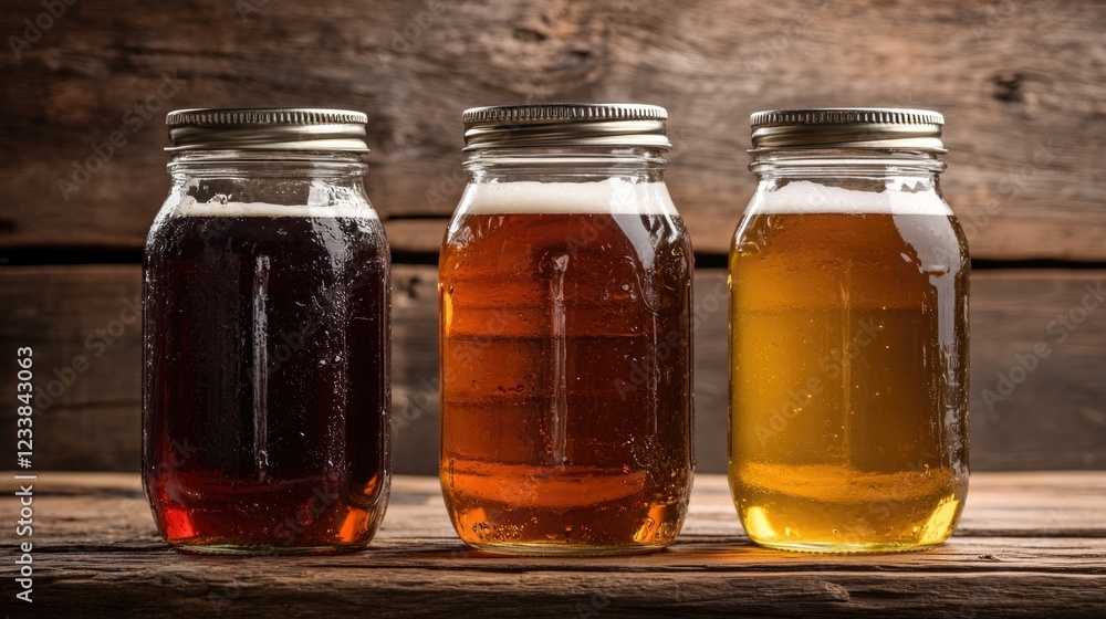 Three mason jars filled with different beers arranged on a rustic wooden surface with space for custom text or branding. Three mason jars filled with different beers arranged on a rustic wooden surface with space for custom text or branding.