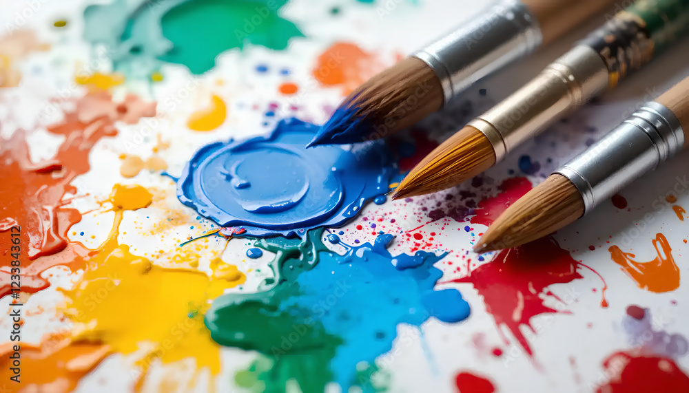 Obraz premium Colorful Paints and Brushes for Creative Art Activities