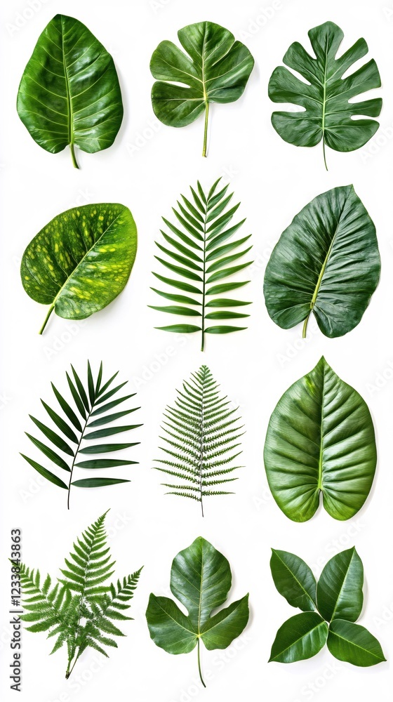 Collection of various green leaves on a white background perfect for botanical themes and designs Collection of various green leaves on a white background perfect for botanical themes and designs