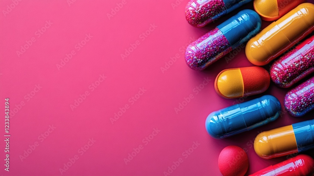 Diverse colorful medicine capsules arranged on a vibrant pink background with ample empty space for text or branding promotion. Diverse colorful medicine capsules arranged on a vibrant pink background with ample empty space for text or branding promotion.