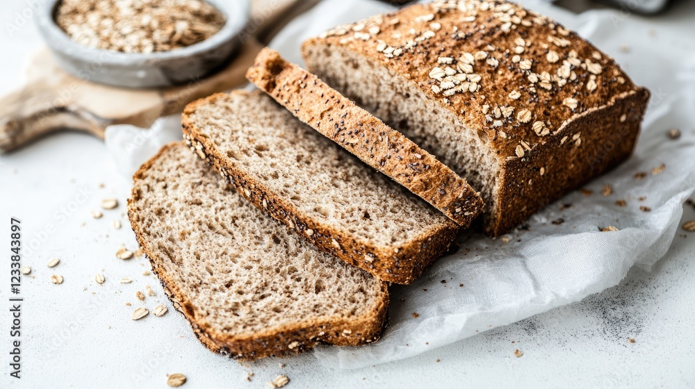 Sliced whole wheat bread with oats on a white background showcasing healthy eating and artisanal baking concepts. Sliced whole wheat bread with oats on a white background showcasing healthy eating and artisanal baking concepts.