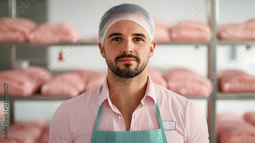 A male professional in a pink shirt and apron stands confidently in a meat processing area, surrounded by packaged products on shelves.