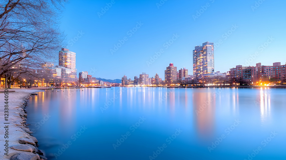 Fototapeta premium City skyline at twilight, waterfront park, calm water, winter, urban landscape, travel photography