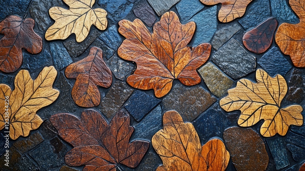 Fototapeta premium Three Color Oak Leaves Mosaic on Dark Blue Wooden Floor with Copy Space for Text Ideal for Fall or Nature Themed Designs