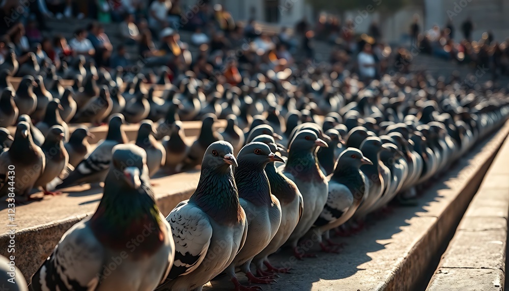 Obraz premium Urban Pigeon Gathering: A Serene, Sunlit Street Scene