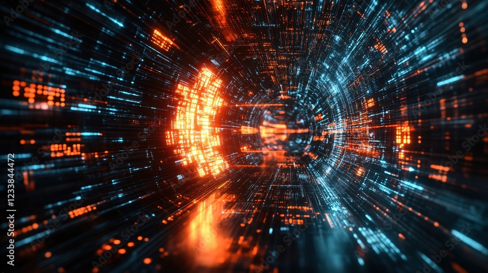 Obraz premium Abstract digital tunnel with glowing orange and blue lines and geometric shapes on dark background