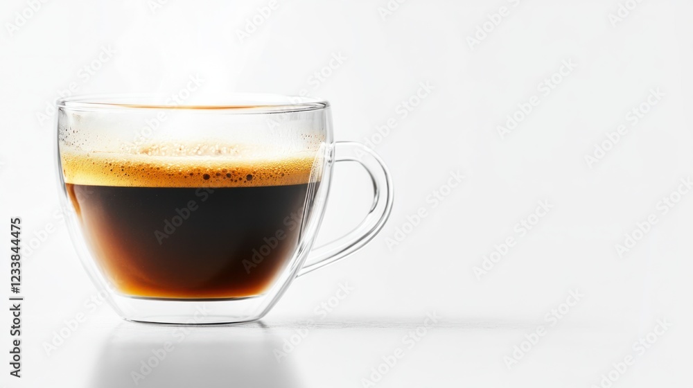 A transparent cup of freshly brewed coffee with light steam rising, on a white background A transparent cup of freshly brewed coffee with light steam rising, on a white background