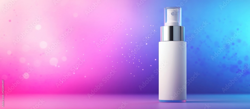 Elegant airless dispenser bottle on vibrant gradient background with ample space for text showcasing modern packaging design. Elegant airless dispenser bottle on vibrant gradient background with ample space for text showcasing modern packaging design.