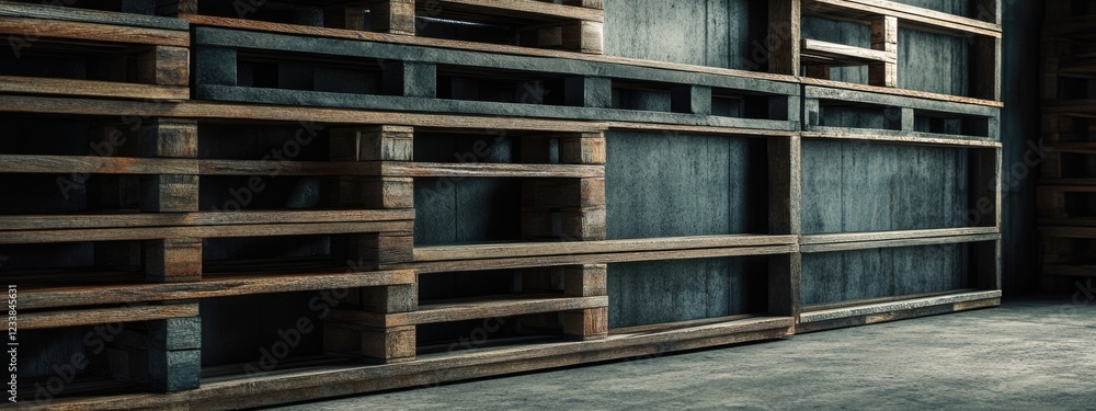 Fototapeta premium Warehouse interior showcasing detailed wooden pallets with ample empty space for text and storage opportunities.
