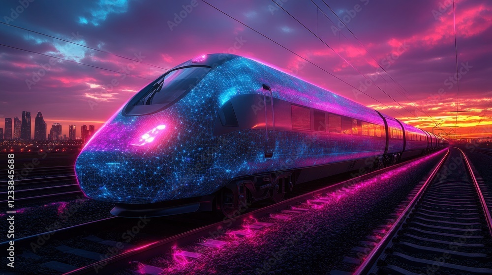 Naklejka premium High-Speed Train at Sunset: A Futuristic Journey