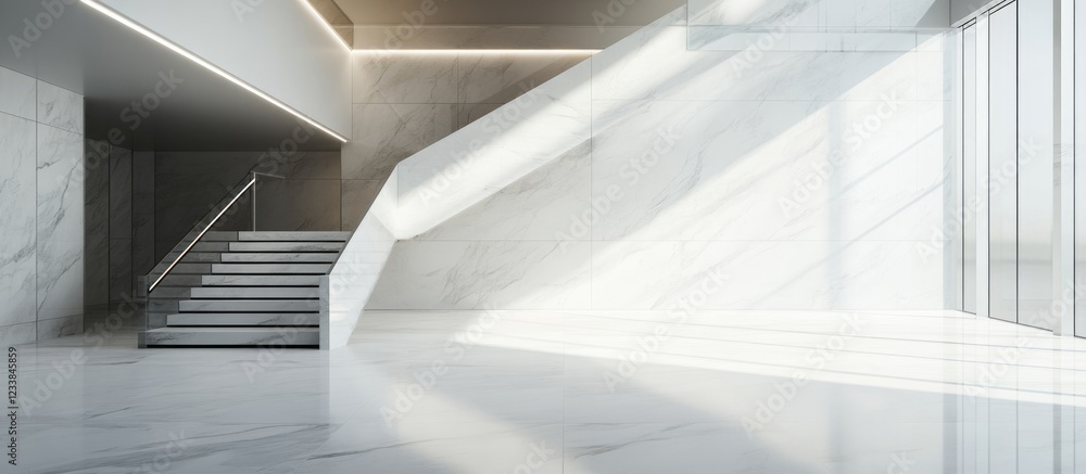 Obraz premium Modern white marble office interior with elegant staircase and spacious area for customizable text or branding design.