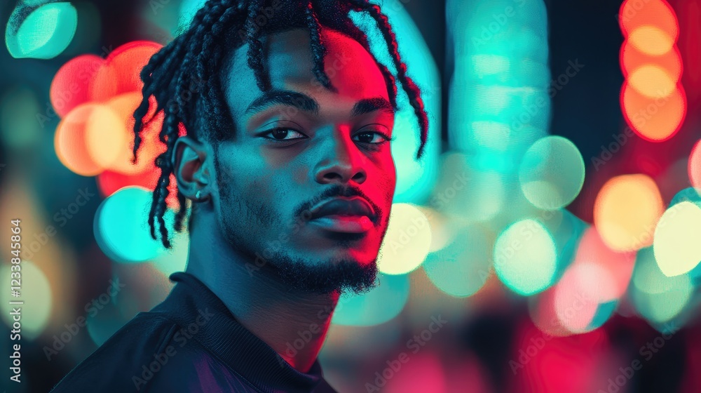 Obraz premium Seductive portrait of African American man with braided hair set against vibrant nightlife lights offering copyspace for text or branding
