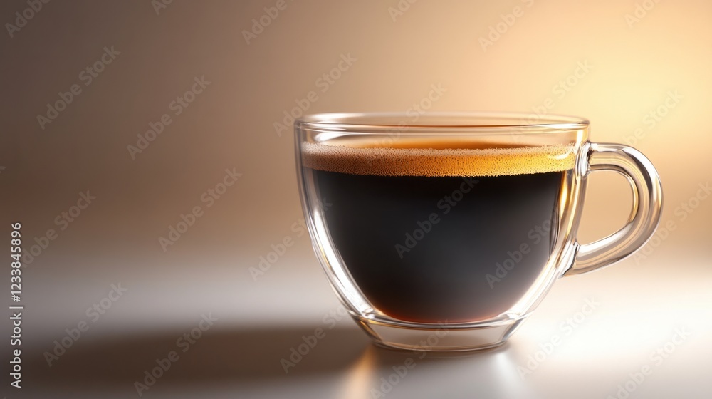 A transparent glass cup of strong black coffee, glowing under soft lighting, on white A transparent glass cup of strong black coffee, glowing under soft lighting, on white