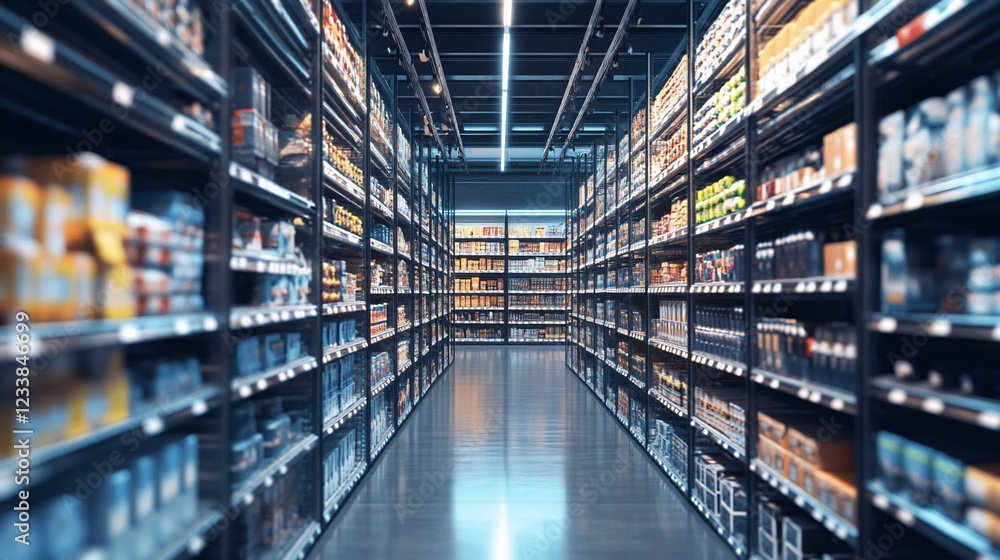 Aisle view of a well stocked supermarket with rows of shelves full of merchandise Aisle view of a well stocked supermarket with rows of shelves full of merchandise