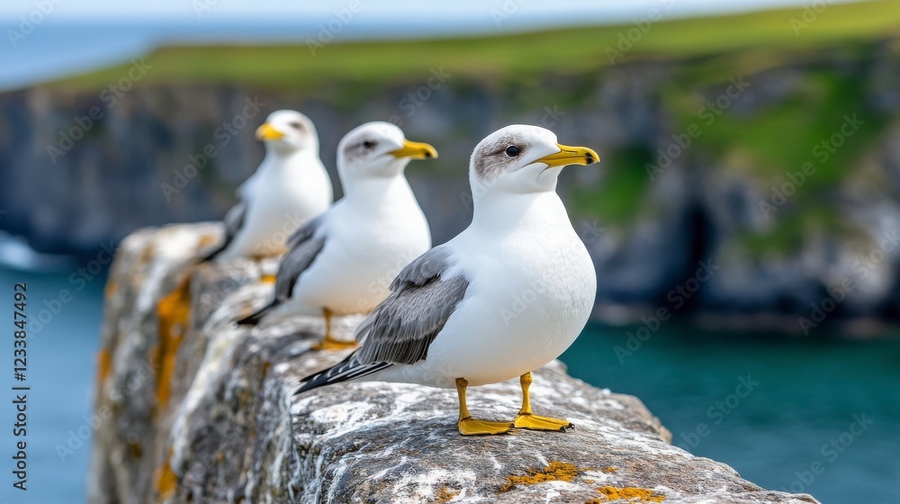 Three Seagulls Standing on a Stone Wall by the Ocean Cliffs Three Seagulls Standing on a Stone Wall by the Ocean Cliffs