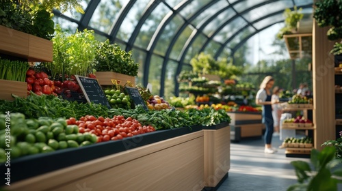 Vibrant Produce Aisle in a Modern Greenhouse Market with Fresh Fruits and Vegetables for Healthy Eating