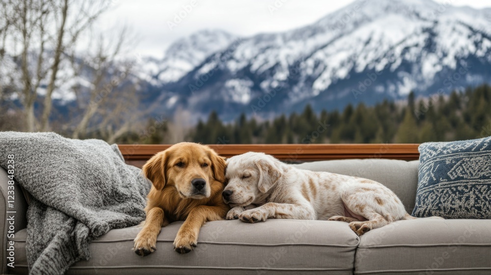 Obraz premium Two adorable dogs lounging on a cozy couch with a stunning mountain view in the background showcasing serene companionship and nature.