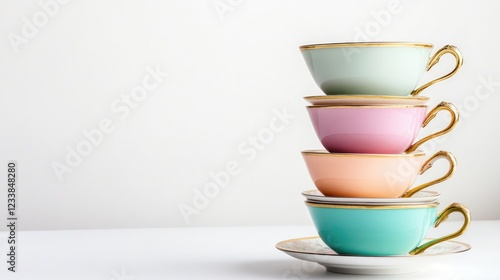 Colorful Wedgwood china tea cup set stacked on white background with empty space for text elegant and stylish tableware display photo