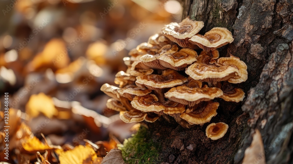 Forest scene featuring vibrant mushrooms growing on a dry autumn tree trunk surrounded by fallen leaves and natural foliage. Forest scene featuring vibrant mushrooms growing on a dry autumn tree trunk surrounded by fallen leaves and natural foliage.