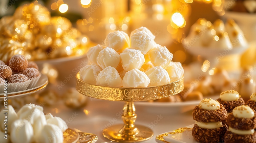 Luxurious beijinho coconut truffles elegantly displayed on a gold dessert stand, surrounded by gourmet confections and glowing festive lights, creating a sophisticated ambiance Luxurious beijinho coconut truffles elegantly displayed on a gold dessert stand, surrounded by gourmet confections and glowing festive lights, creating a sophisticated ambiance