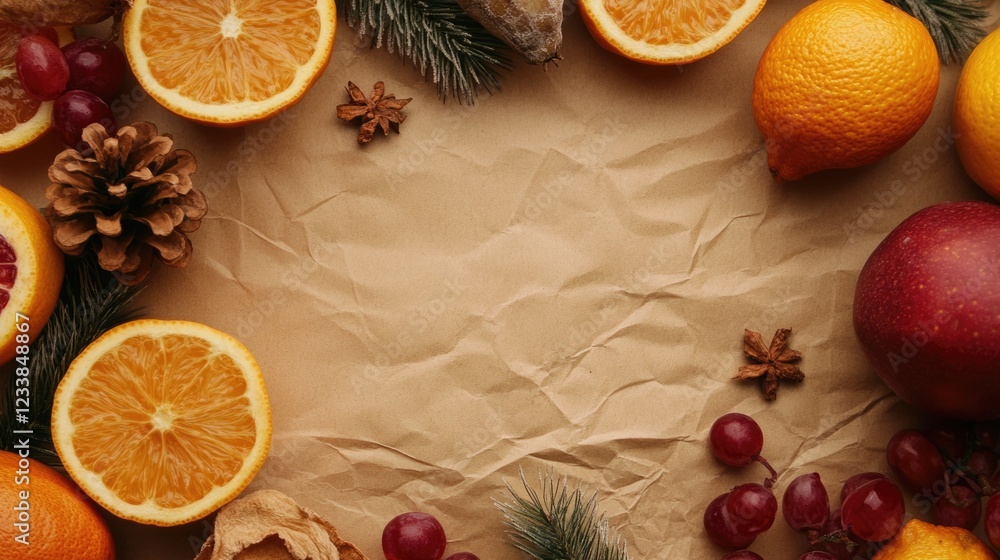 Winter Fruits on Crumpled Kraft Paper Background with Space for Text Ideal for Seasonal Promotions and Festive Designs Winter Fruits on Crumpled Kraft Paper Background with Space for Text Ideal for Seasonal Promotions and Festive Designs