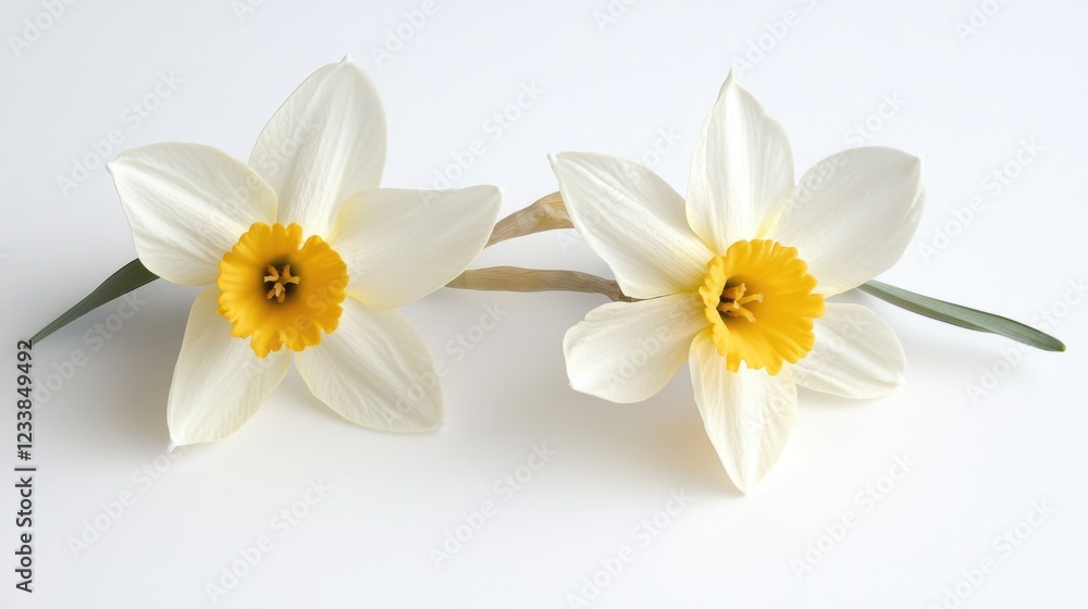 Obraz premium Pair of Early Spring Daffodils with Yellow Centers on Clean White Background