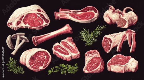 Detailed realistic illustration of various colorful lamb meat cuts including leg, shank, steak, and tenderloin arranged on a black background. photo