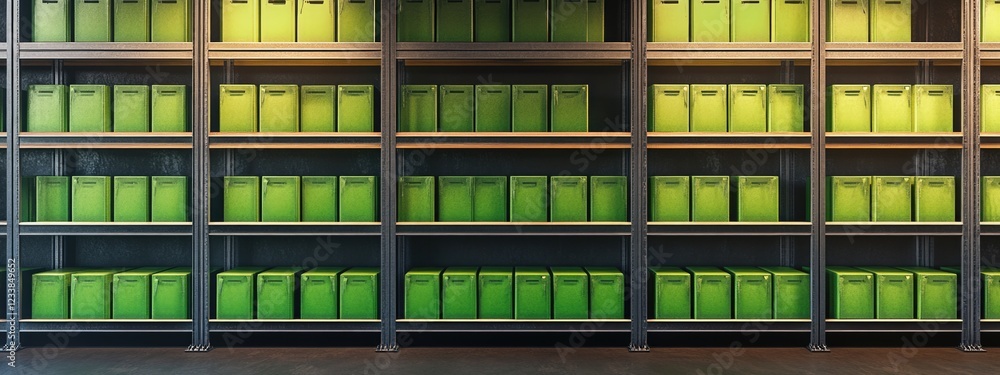 Warehouse Shelving with Green Storage Bins Ideal for Product Distribution and Empty Space for Custom Text or Branding Warehouse Shelving with Green Storage Bins Ideal for Product Distribution and Empty Space for Custom Text or Branding