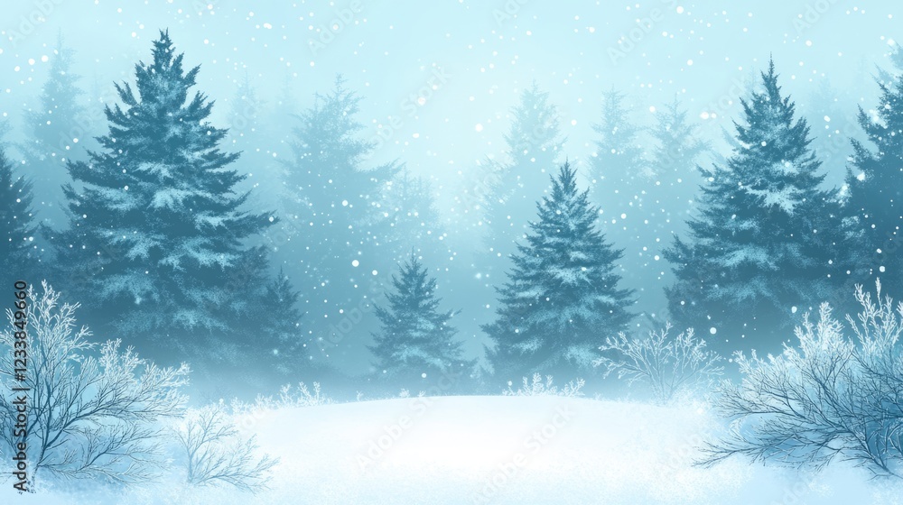 Obraz premium Winter Forest Landscape with Snowy Pines and Fog Featuring Blank Space for Text Overlay in a Serene Atmosphere