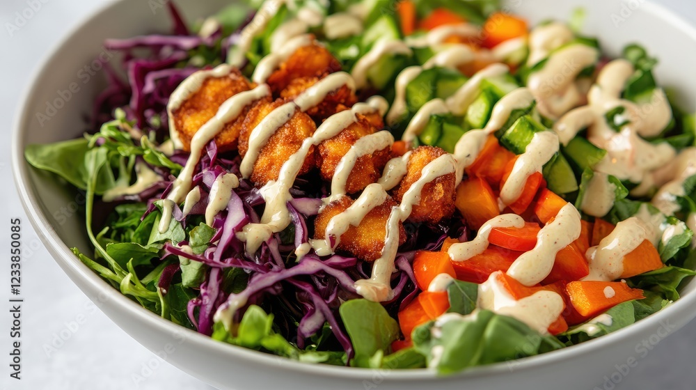 Vibrant bowl of fresh salad featuring crisp greens colorful vegetables and creamy dressing for a healthy meal option Vibrant bowl of fresh salad featuring crisp greens colorful vegetables and creamy dressing for a healthy meal option