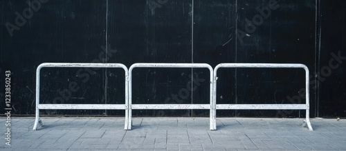 White metal barricades for crowd control in an outdoor setting with ample blank space for customizable text or signage. photo